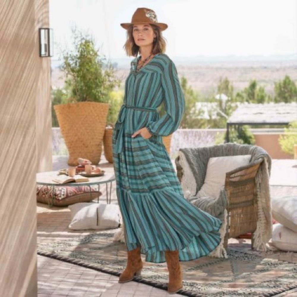 Sundance Rooney Midi Maxi Dress Tiered Stripes Lined Teal Blue - SMALL